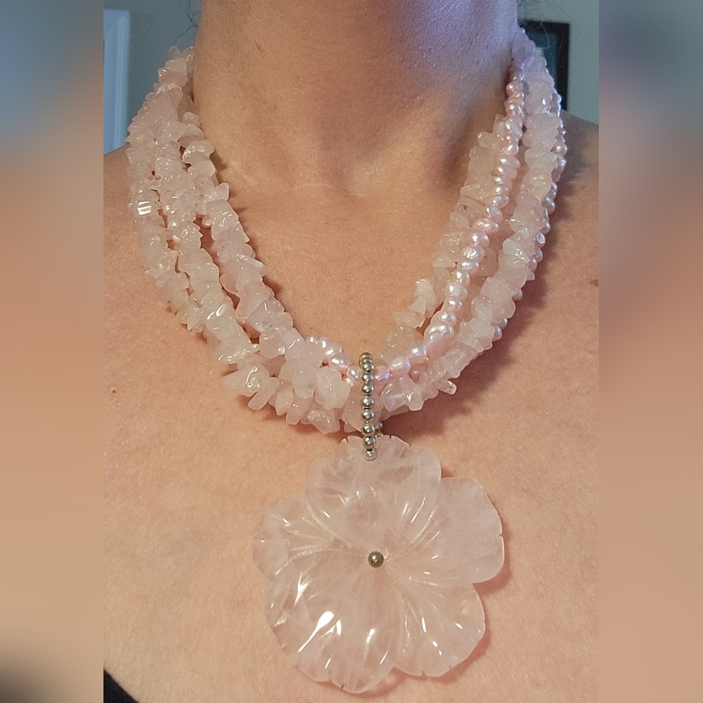 Vintage 5-Strand Rose Quartz and Freshwater Pearl Necklace w/Silver Clasp - Picture 2 of 3